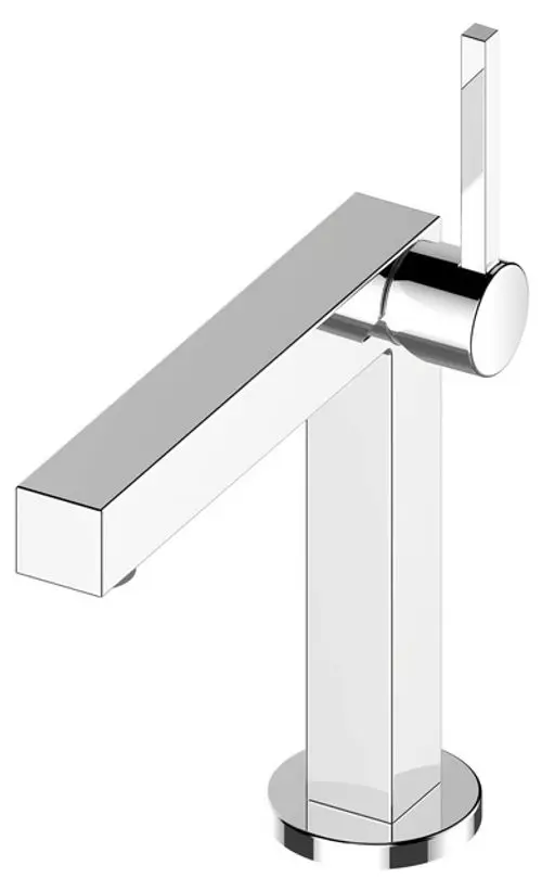 Moderner, quadratischer Wasserhahn mit glänzender Chrom-Oberfläche und einem stilvollen Hebel für die Wassersteuerung. Ideal für moderne Badezimmer.
